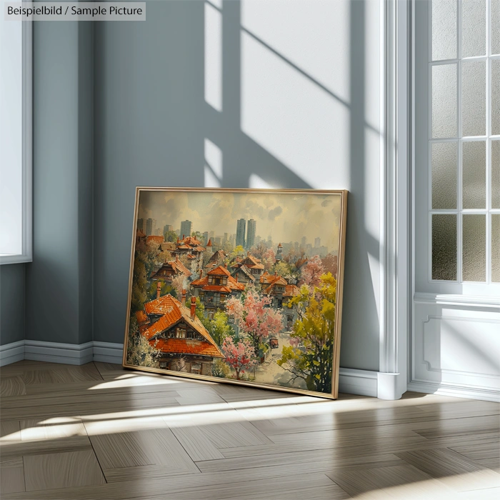 Framed landscape painting of a town with traditional houses, leaning against a sunlit wall in a modern interior space.
