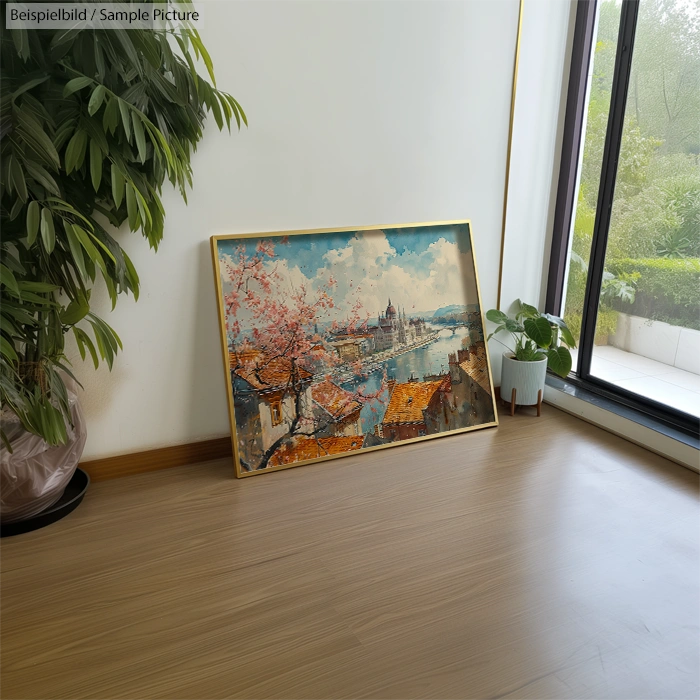 Framed painting of a vibrant cityscape with cherry blossoms, leaning against a wall near large windows and plants.