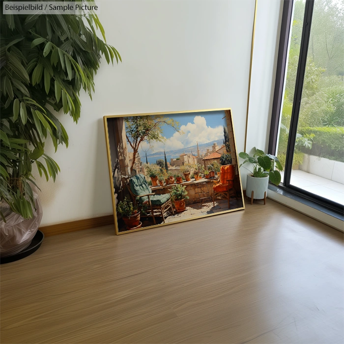 Framed painting of a Mediterranean terrace with plants resting on a floor near large windows.