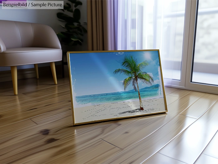 Framed beach scene photo with palm tree leaning against wall in modern living room with wooden floor.