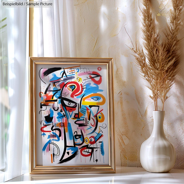 Framed abstract painting with colorful geometric shapes beside a white vase with tall dried grass.