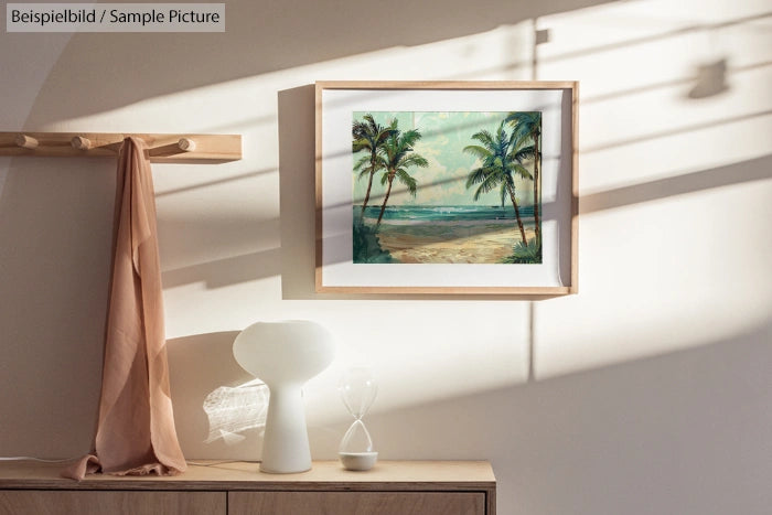 Cozy room with beach painting, wooden shelf, draped fabric, modern lamp, and soft sunlight through blinds.