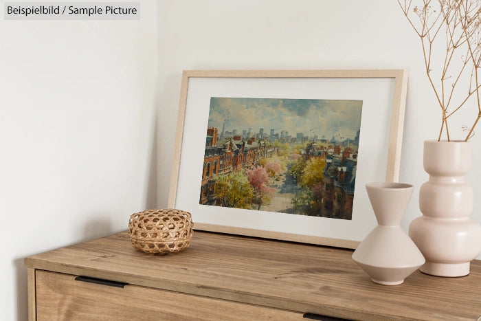 Framed cityscape painting on a wooden table with decorative vases and dried branches.