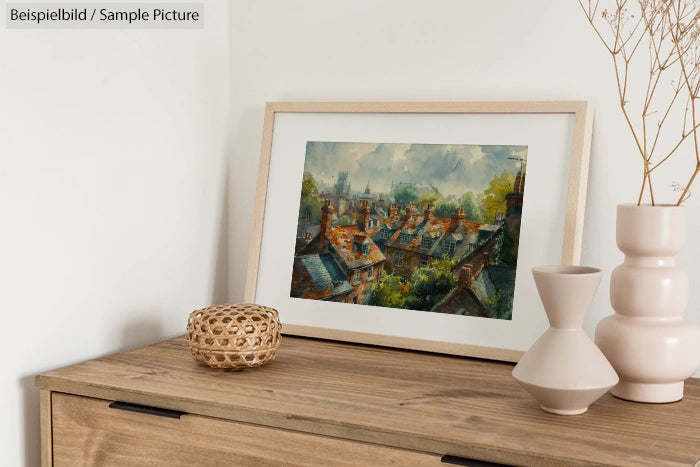 Framed painting of rooftops on a wooden dresser with ceramic vases and decorative item.