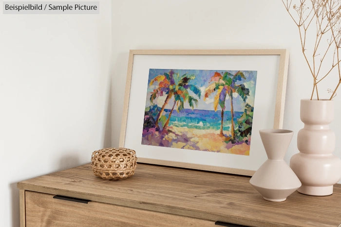 Framed tropical beach painting on wooden dresser with neutral decorative vases and dried branches.