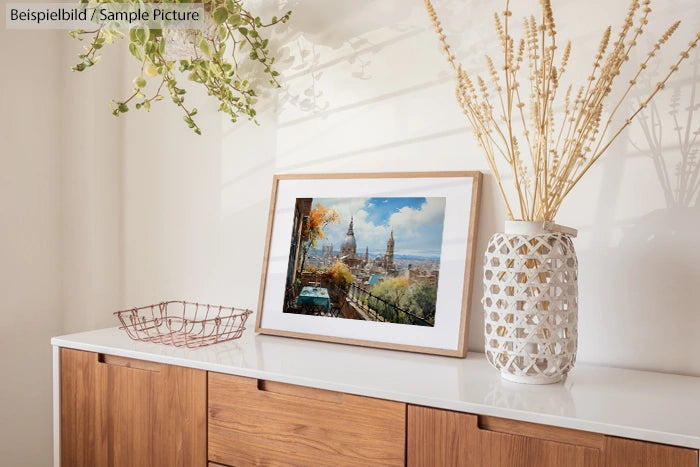 Interior with framed landscape painting on wooden sideboard, plants hanging above, and decorative vase nearby.
