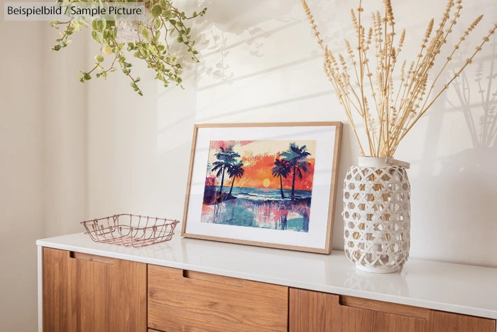 Framed sunset art with palm trees on a wooden sideboard, decorated with a plant and woven vase.