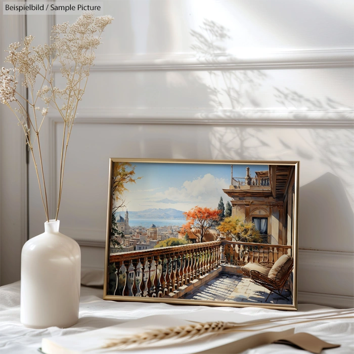 Framed photo of scenic balcony view with mountains, autumn trees on a shelf, dried flowers in a vase nearby.