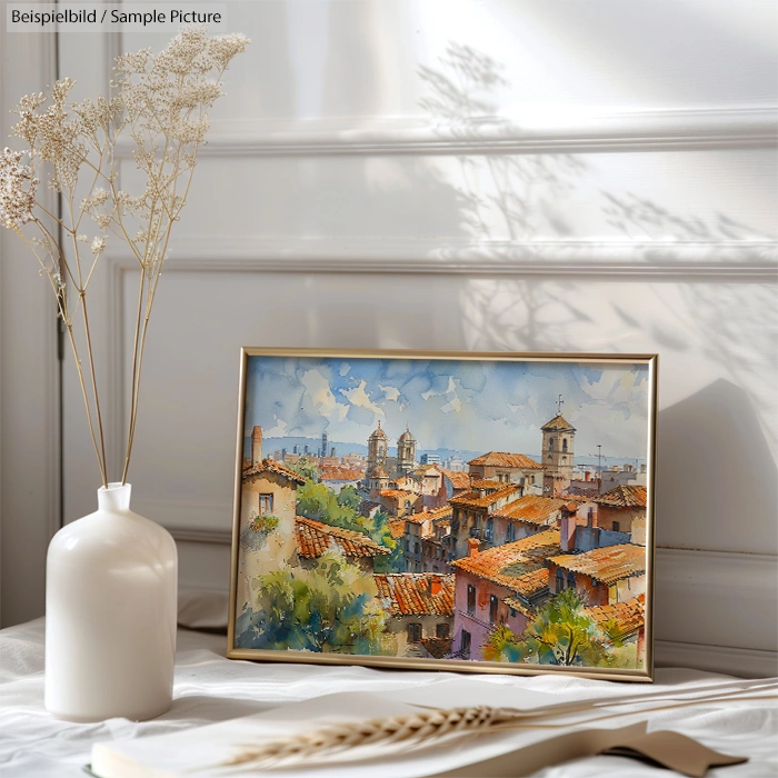 Landscape painting with a view of rooftops and towers, displayed on a shelf next to a white vase with dried flowers.