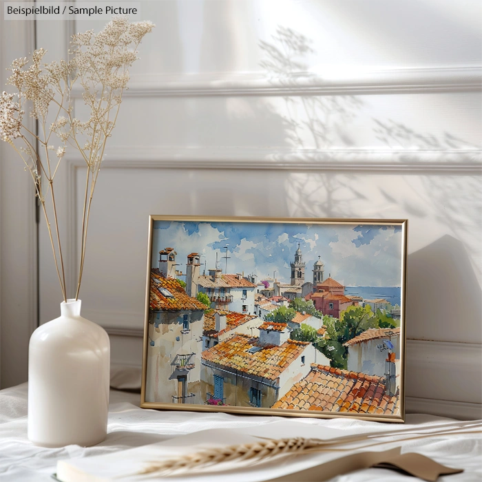 Framed painting of a Mediterranean rooftop scene beside a white vase with dried flowers.