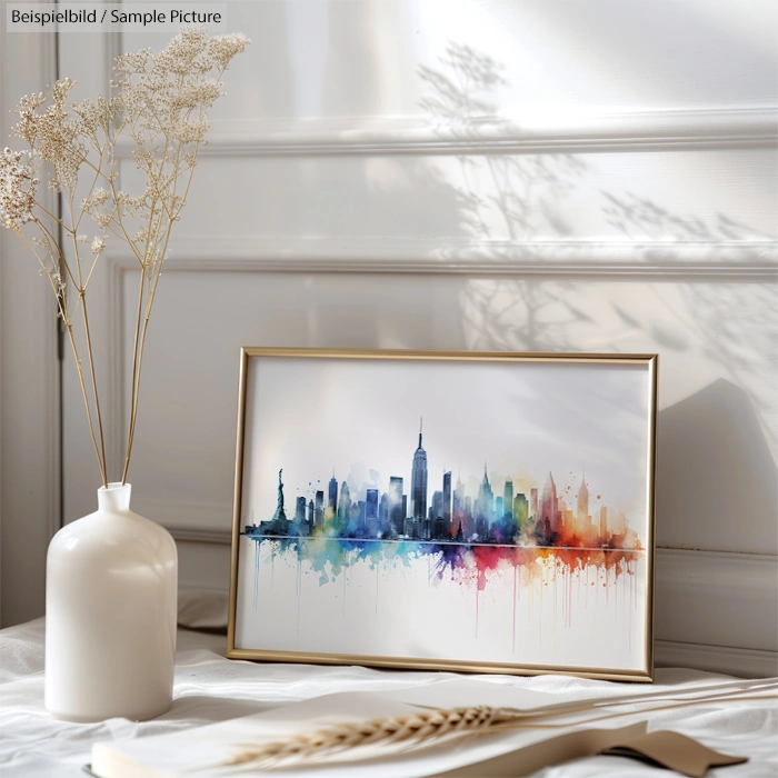 Framed colorful skyline artwork with cityscape and soft light, next to dried flowers in a white vase on a shelf.