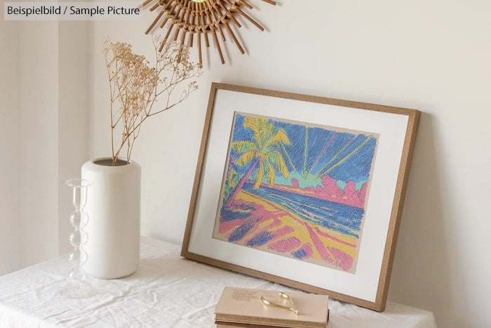 Framed colorful beach painting with palm tree on white table, next to a vase with dried flowers.