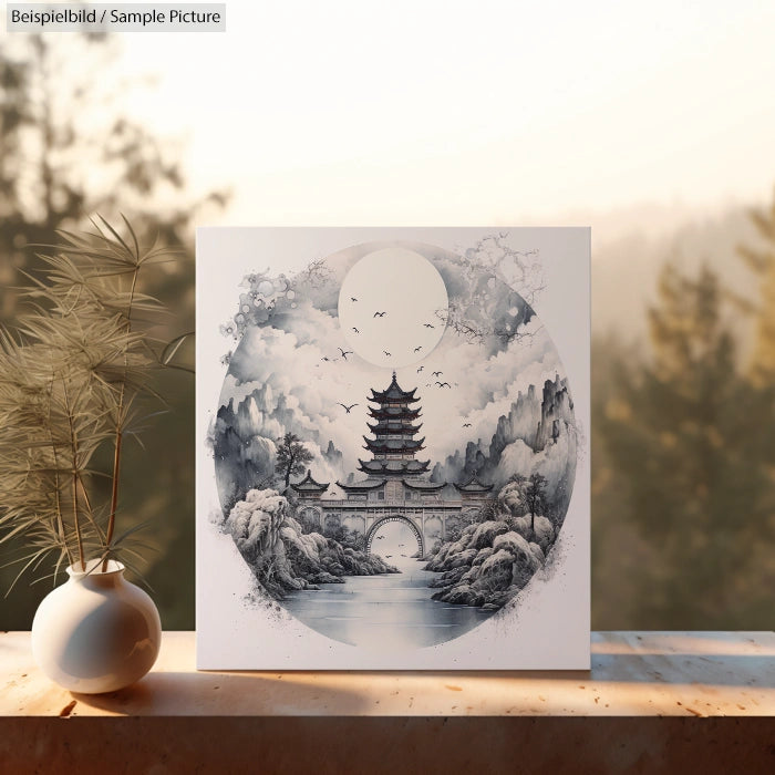 Artwork of traditional Asian pagoda with mountains and trees in monochrome tones on a canvas displayed on a ledge.