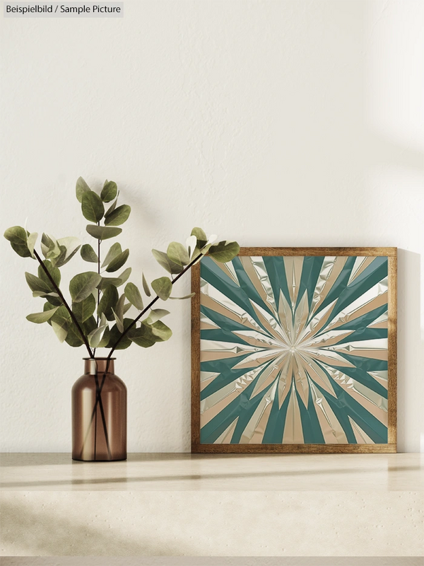 Decorative vase with green leaves beside abstract geometric artwork on a light wooden shelf.