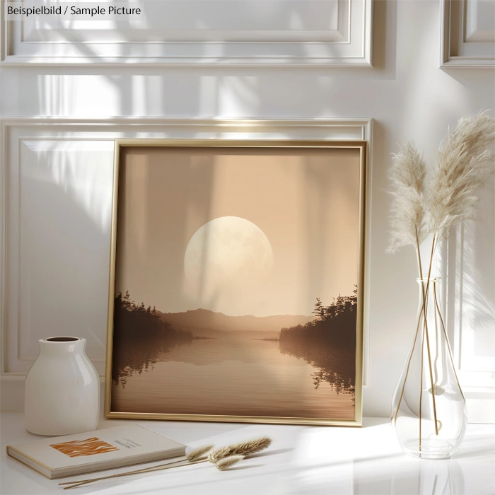 Framed sepia-toned landscape photo of a moonlit lake, placed on a white shelf next to a vase and a book.