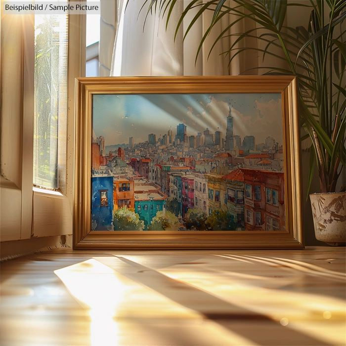Framed painting of colorful cityscape with skyscrapers, displayed on a sunlit wooden floor near a window and plant.