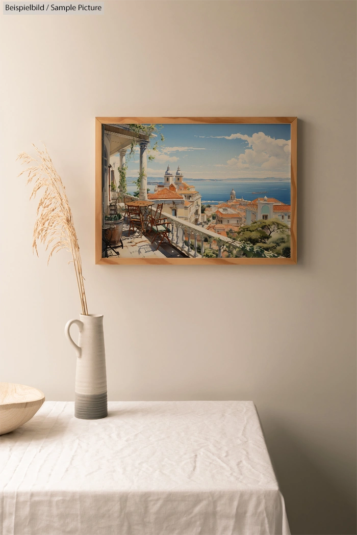 Framed Mediterranean landscape painting above table with vase and grass, against a neutral wall backdrop.