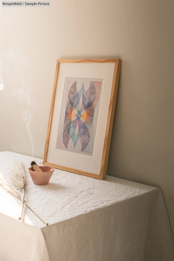 Framed abstract art print with geometric shapes on a table with a white cloth, next to a small pink pot and dried plant.