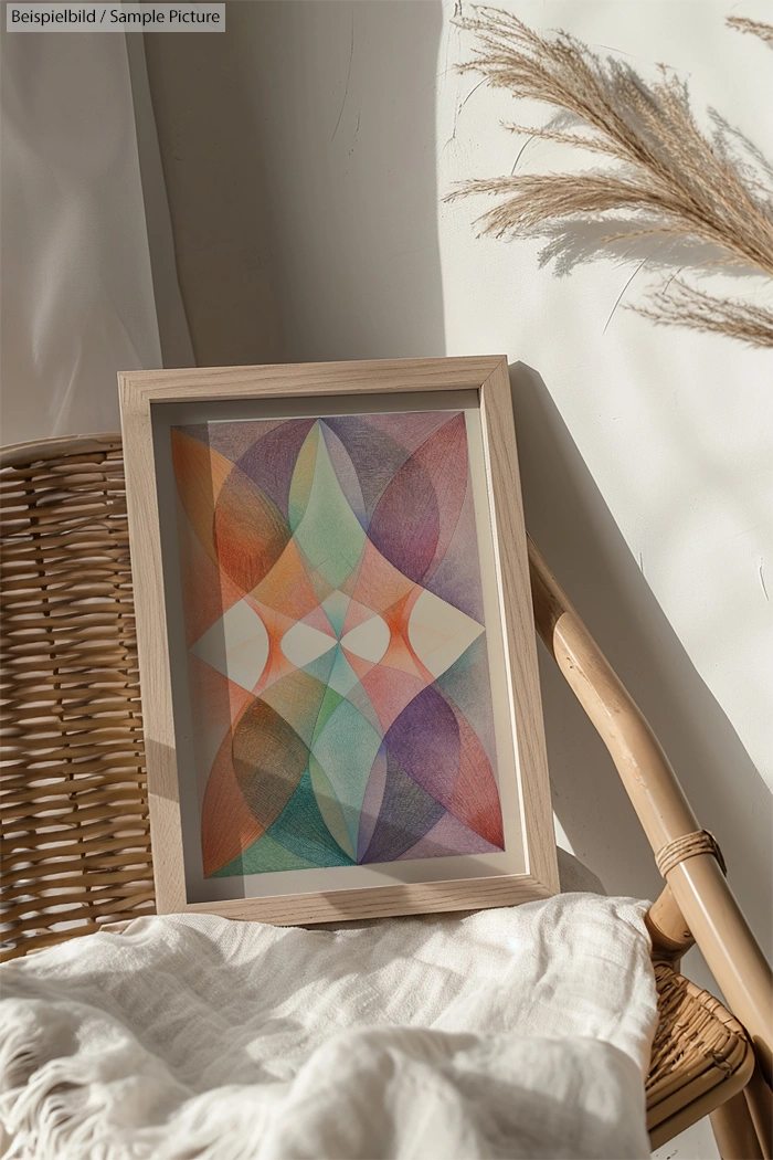 Framed abstract geometric art with colorful overlapping shapes on a wicker chair, natural lighting.