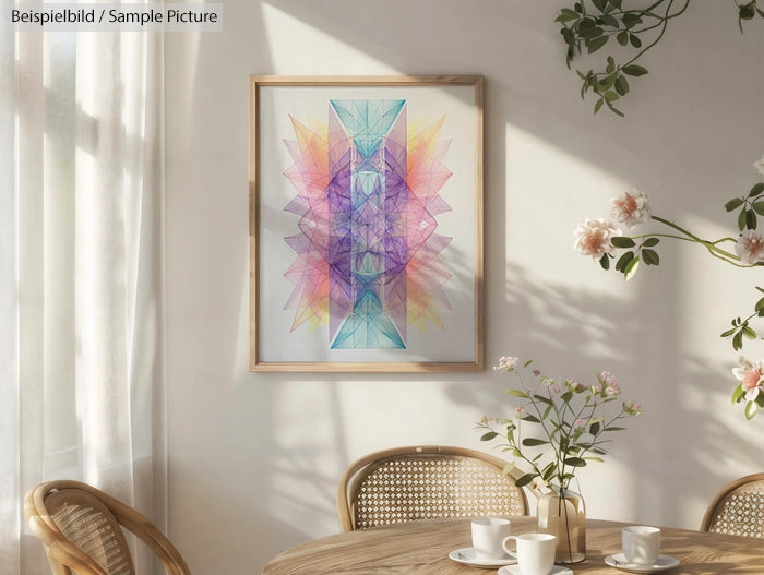 Geometric abstract art in pastel colors on wall, with round table and chairs, adorned with small floral arrangement.