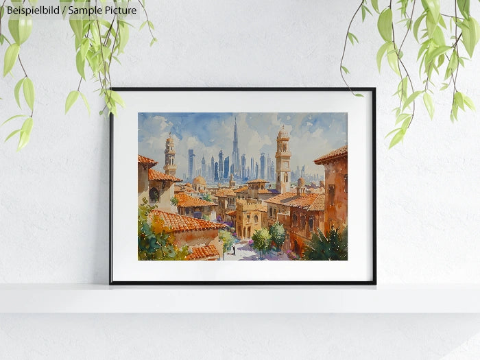 Framed landscape painting of a cityscape with rustic rooftops and distant modern skyscrapers, surrounded by hanging plants.