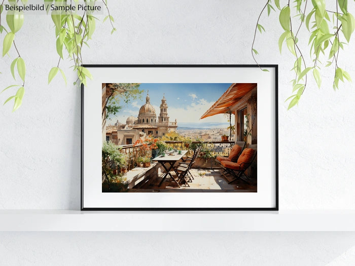 Framed photo of a sunny terrace with cityscape view and lush greenery, hung on a white wall with plants.