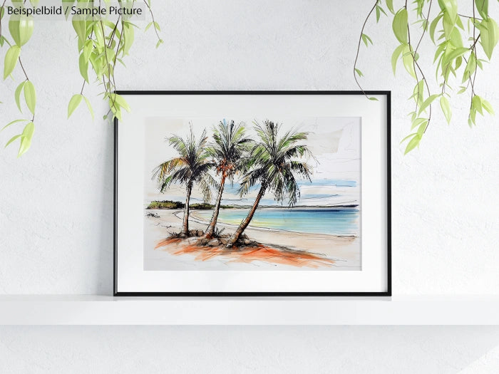 Illustration of palm trees on a sandy beach with ocean view, framed and placed on a white shelf with hanging greenery.