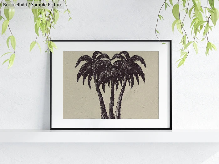 Framed black and white palm tree sketch on a minimalist white shelf with hanging green plants.
