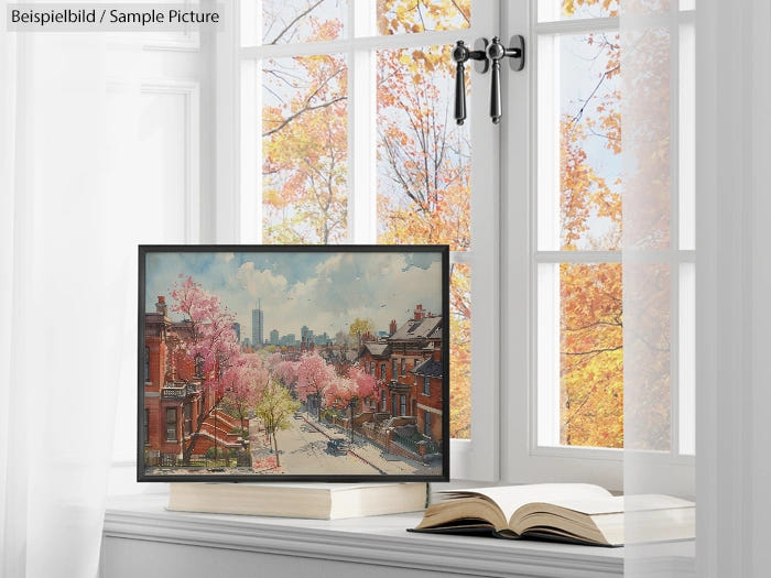 Framed painting of a tree-lined street on window sill with autumn leaves outside and books nearby.