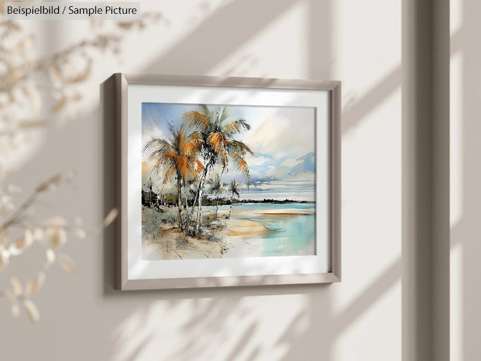 Framed painting of tropical beach scene with palm trees and ocean, hung on a wall with shadows.