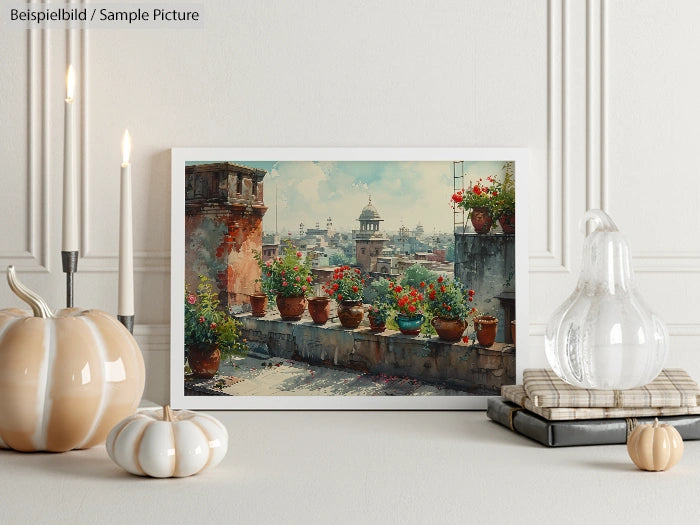 Artwork of a scenic urban rooftop garden with flowers, candles, and pumpkins on a modern mantelpiece.