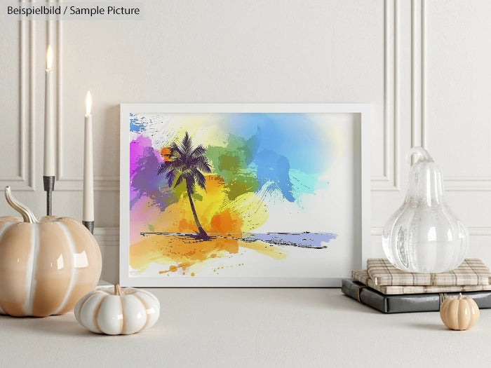Colorful abstract palm tree painting in a white frame on a decorative table with candles and white vases.