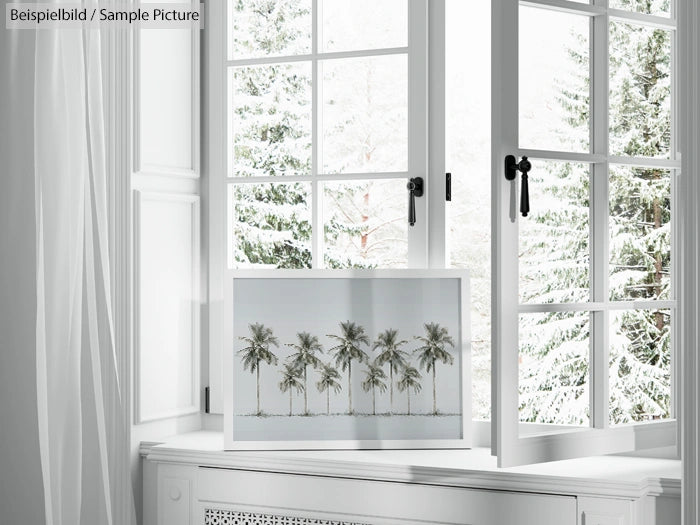Window view with snow-covered trees outside, featuring framed artwork of palm trees on the windowsill.