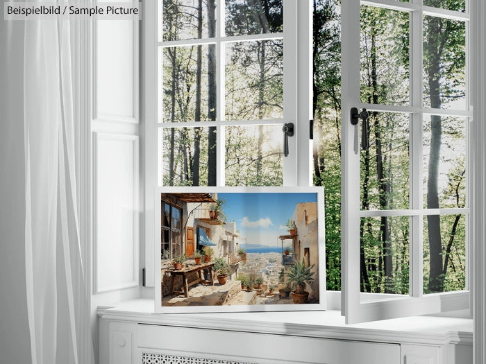 Painting of a Mediterranean street on a windowsill with open window and forest view outside.