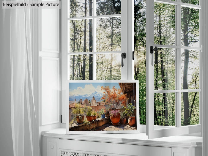 Framed picture of autumn scene on windowsill, with forest view through open windows.