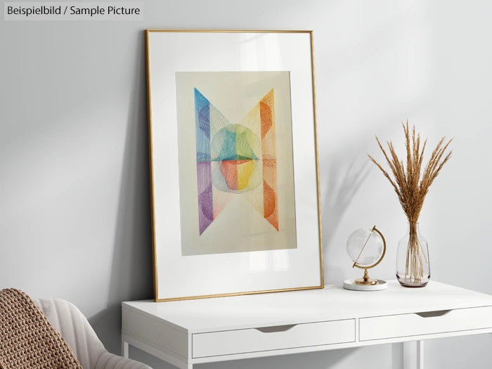 Framed abstract artwork with geometric shapes and colorful gradients on a white table, beside dried flowers and a globe.