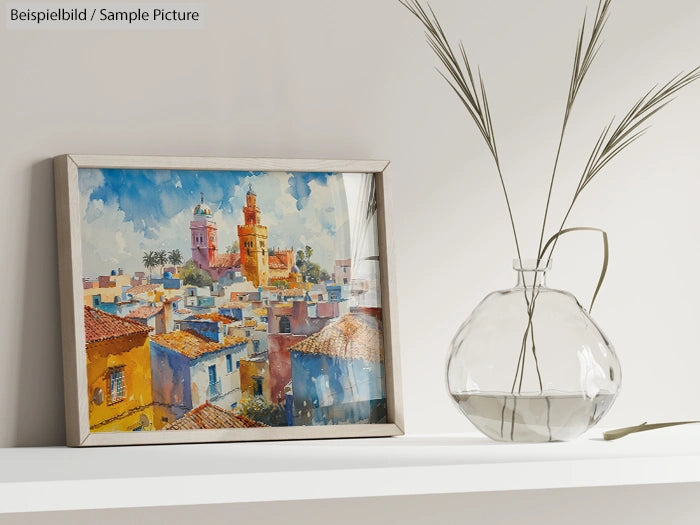 Framed watercolor painting of a colorful cityscape on a shelf beside a clear glass vase with tall grasses.