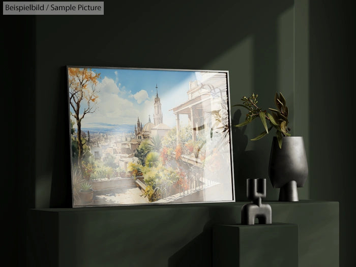 Framed cityscape painting on a dark green mantle with a vase and small sculpture.