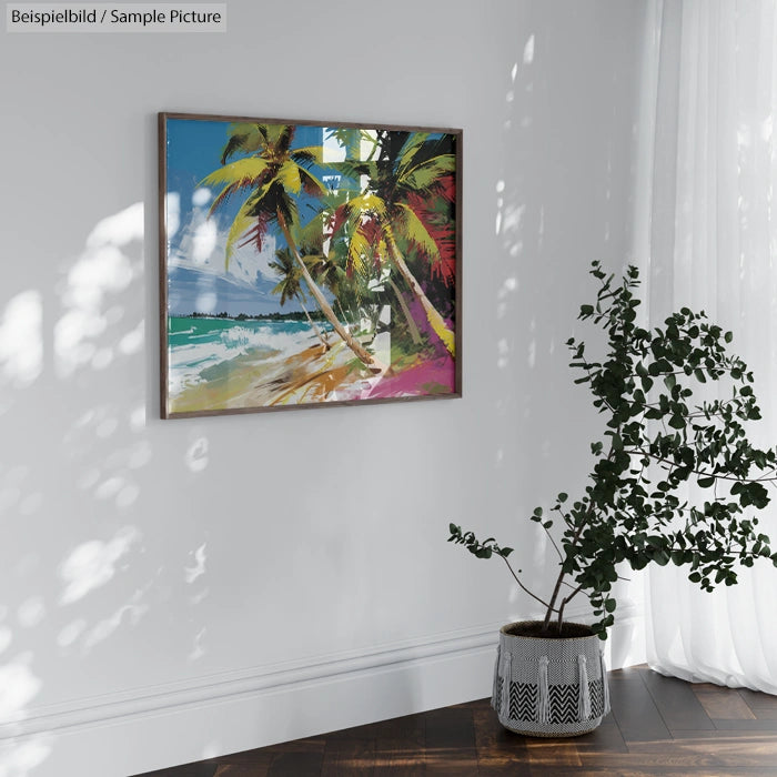 Framed tropical painting with palm trees on beach, hanging on a wall above a potted plant in a bright room.