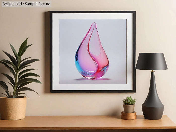 Framed photo of a colorful glass sculpture on wall, with lamp and plants on a wooden table.