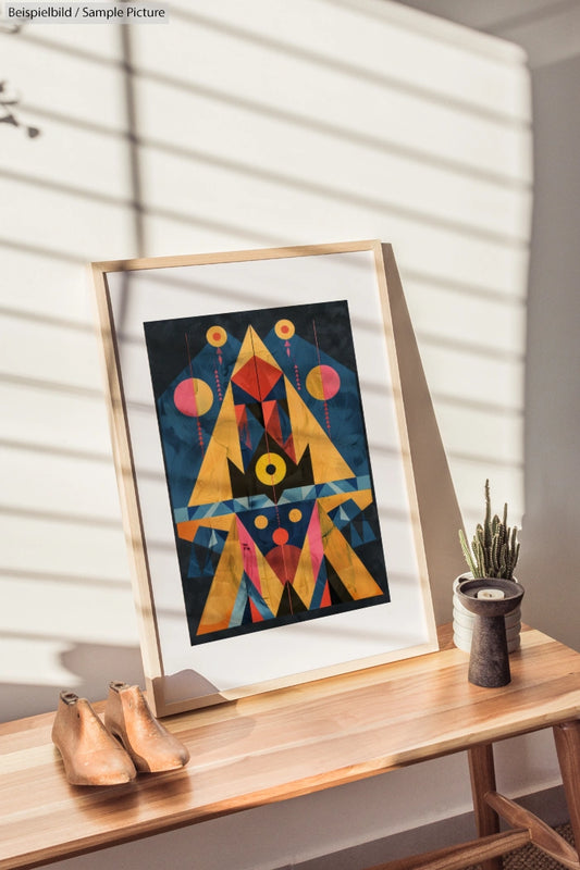 Framed abstract geometric art on wooden table with sunlight casting shadows, beside small plant and wooden shoes.