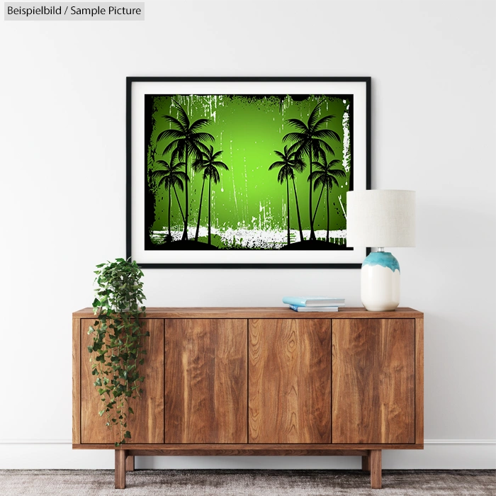 Minimalist living room with wooden cabinet, green palm tree artwork, potted plant, and modern lamp on top.