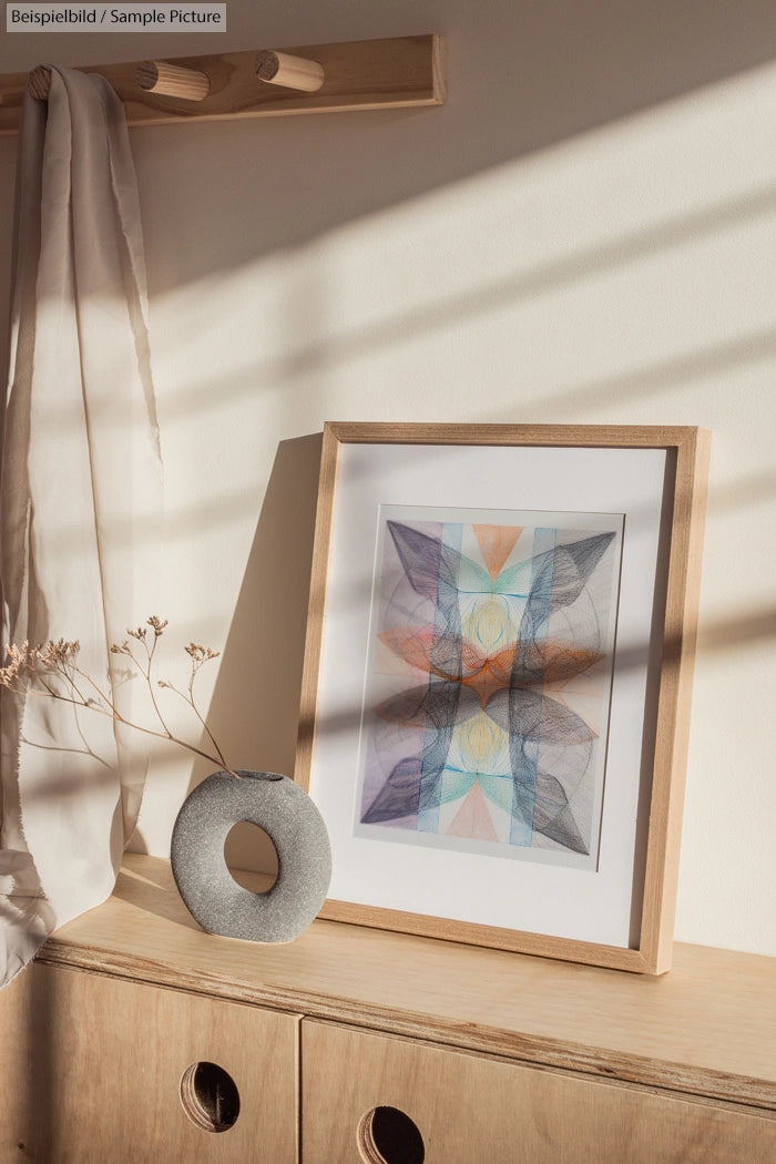 Framed abstract geometric artwork on wooden cabinet with vase and folded fabric hanging on wooden wall rack.