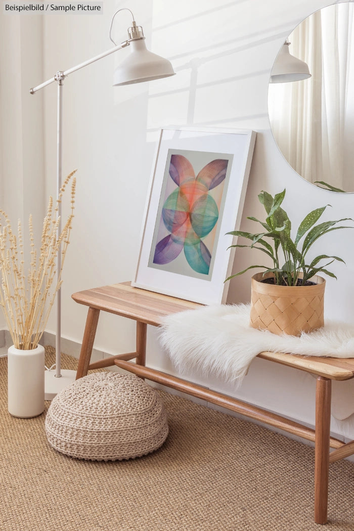 Scandinavian-style living room with wooden bench, abstract art, potted plant, modern lamp, and circular mirror.