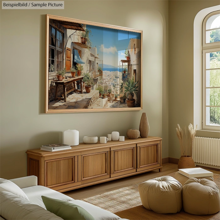 Room with wooden furniture, large framed painting of a sunny street, poufs, and minimalistic decor.