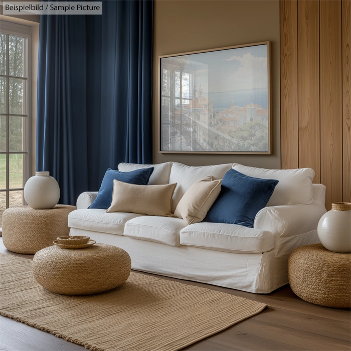 Cozy living room with white sofa, navy and beige pillows, blue curtains, light wood walls, and round straw ottomans.
