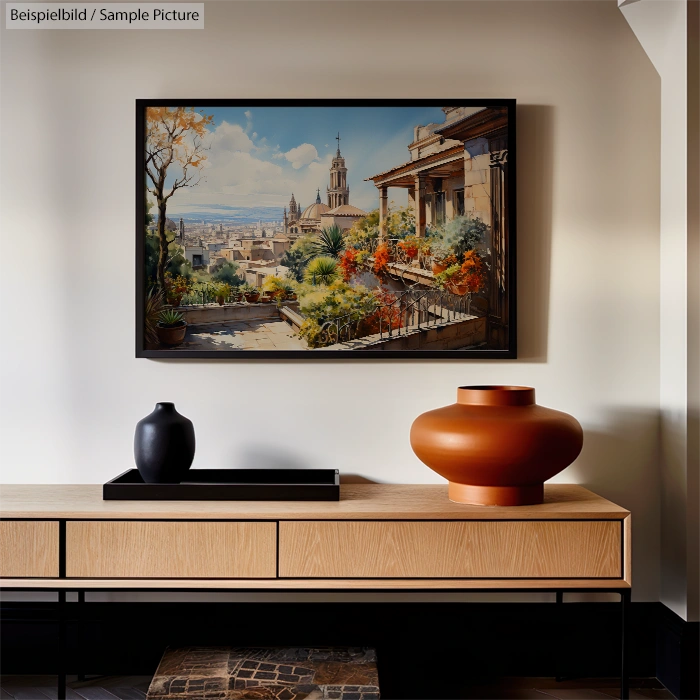 Wooden console with vases, painting of a European cityscape with cathedral and terrace.