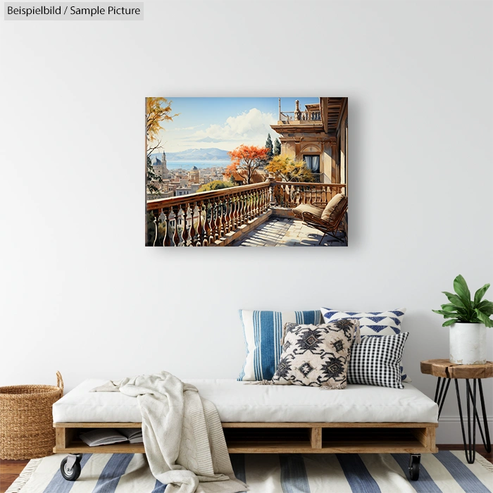 Stylish living room with a painting of a balcony view, featuring fall trees and distant mountains, on a white wall.
