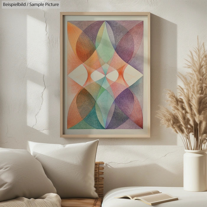 Framed geometric abstract art with colorful overlapping shapes on a textured wall near a beige couch and pampas grass.