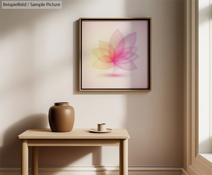 Minimalist room with a framed abstract flower artwork on wall, wooden table, brown vase, and a small cup under sunlight.